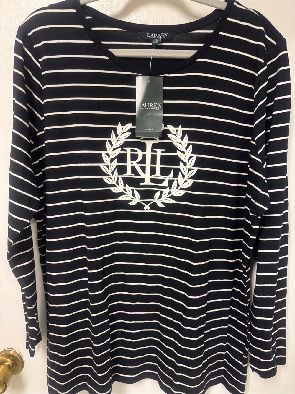 Lauren Ralph Lauren Black and White Striped Long-Sleeve Tee with Laurel Logo